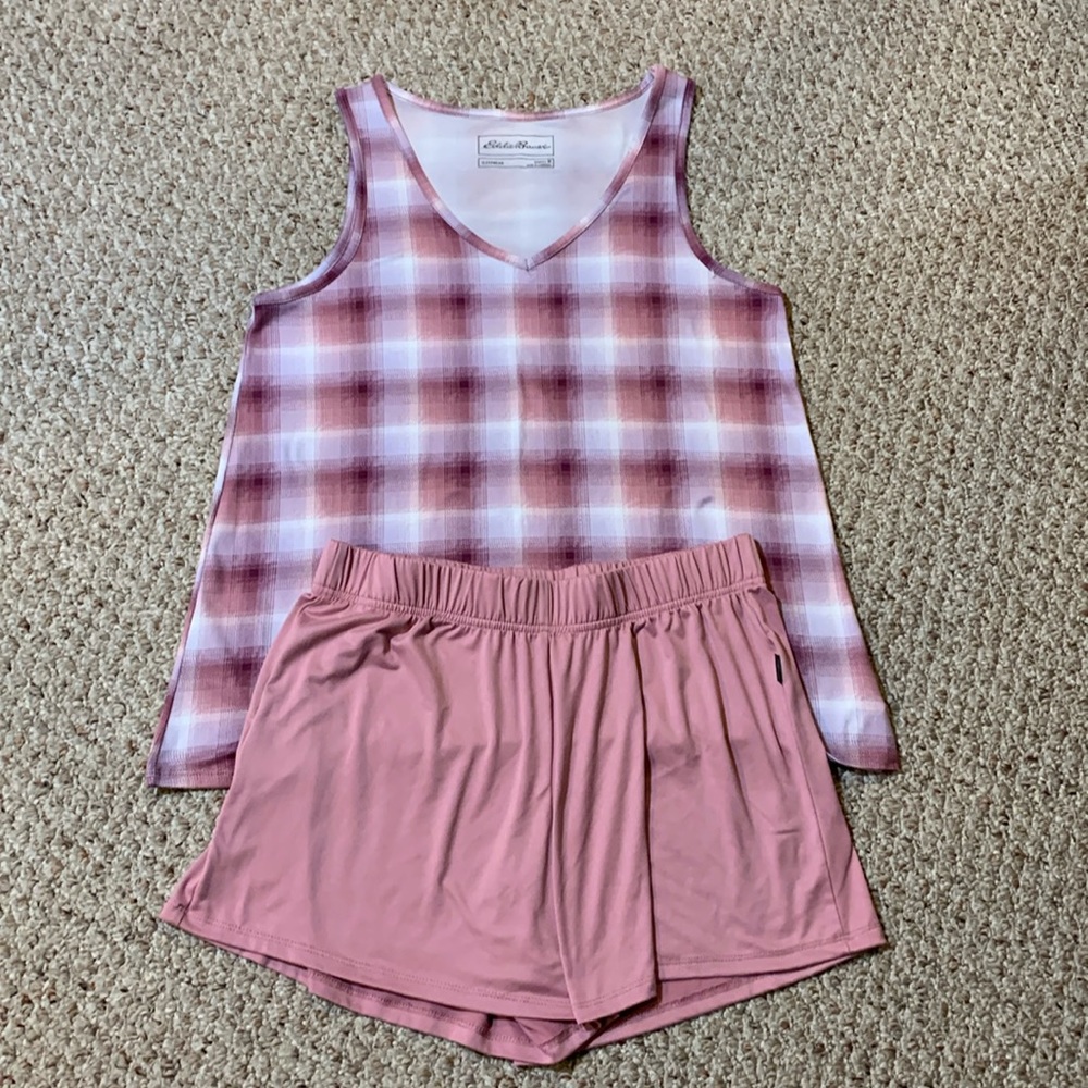NWOT Eddie Bauer PJ’s. Pink Plaid Tank Top and Elastic Waist Shorts. Size M